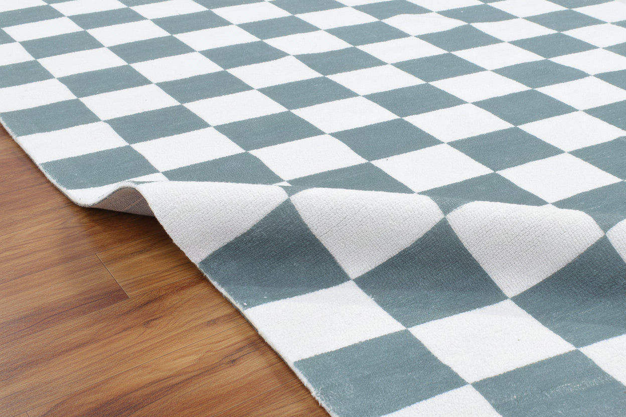 Kisan Checkerboard Handmade Teal Green & White Rug – Modern Minimalist Decorative Area Rug   9122101395605