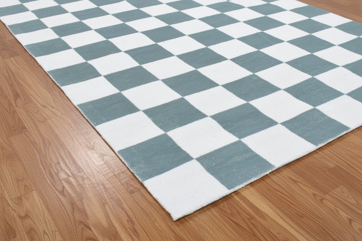 Kisan Checkerboard Handmade Teal Green & White Rug – Modern Minimalist Decorative Area Rug   9122101395605