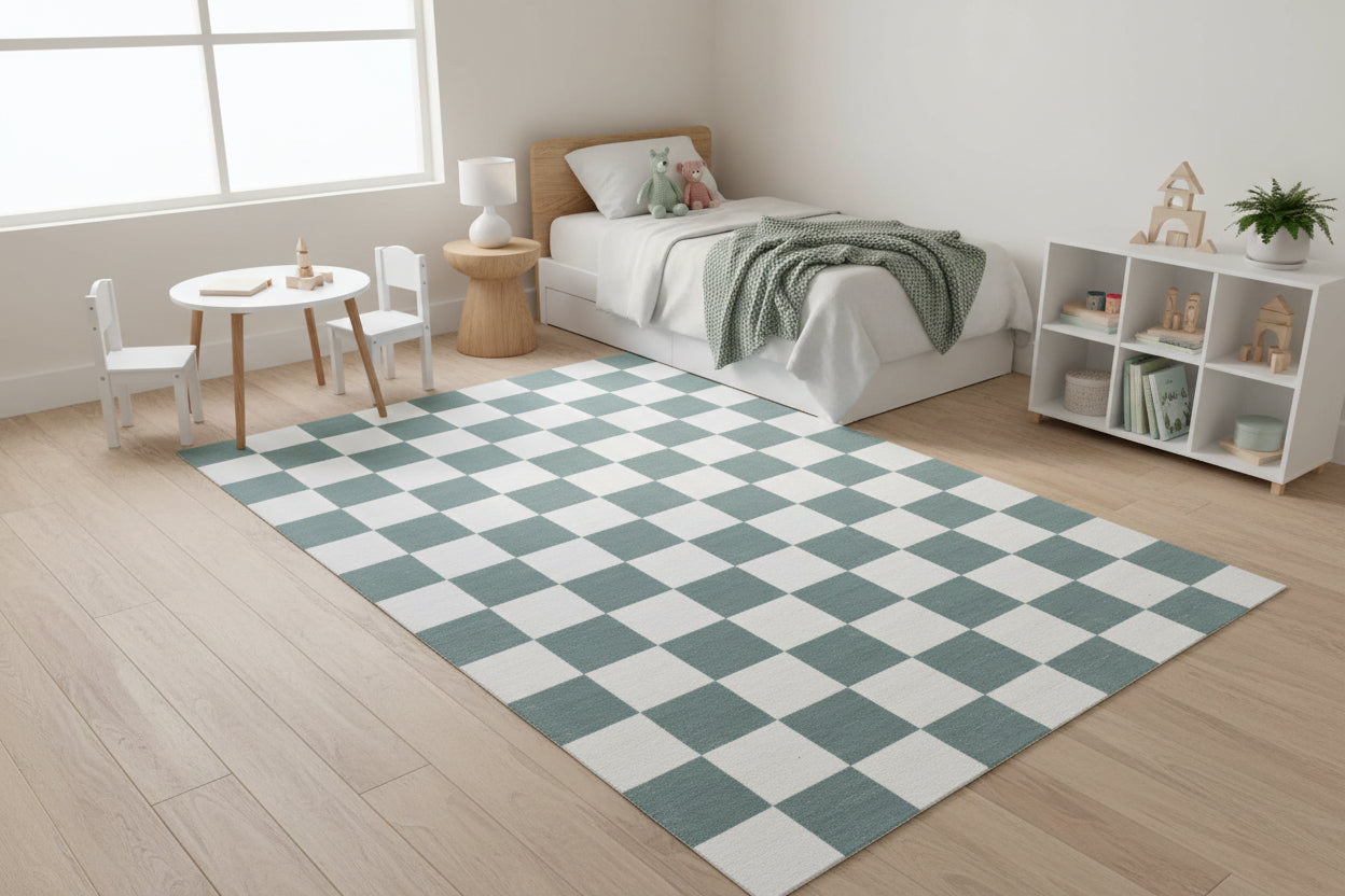 Kisan Checkerboard Handmade Teal Green & White Rug – Modern Minimalist Decorative Area Rug   9122101395605
