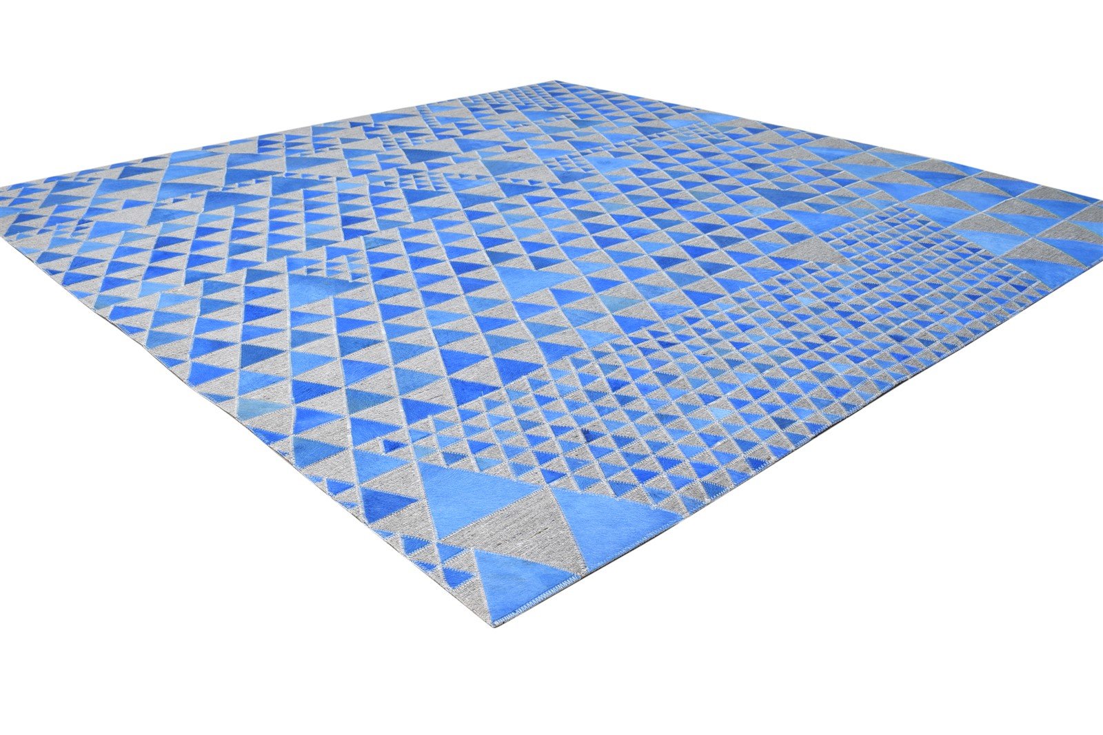 Leather / Cotton Blue Rug 6X6 Modern Hand Woven Scandinavian Triangles Room Size   7864939217045