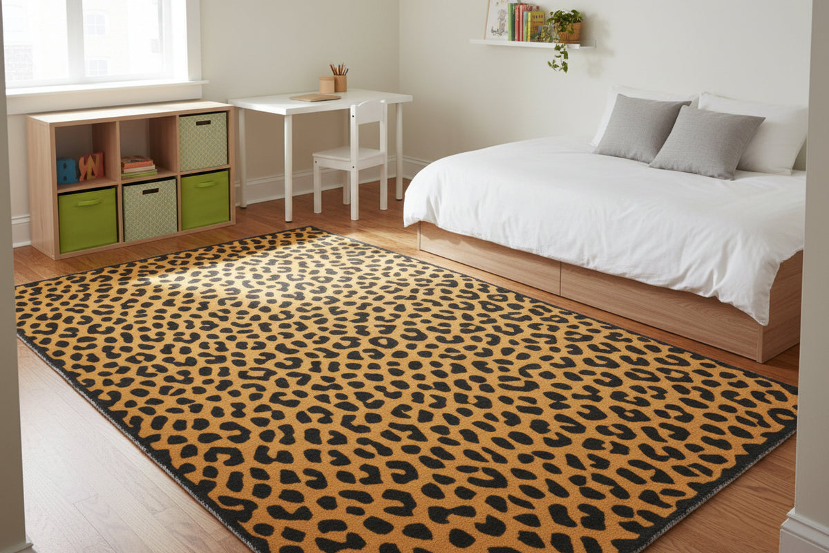 Leopard Handmade Mustard Yellow & Black Spot Area Rug – Modern Safari Style Kids Nursery Rug   9123610558613