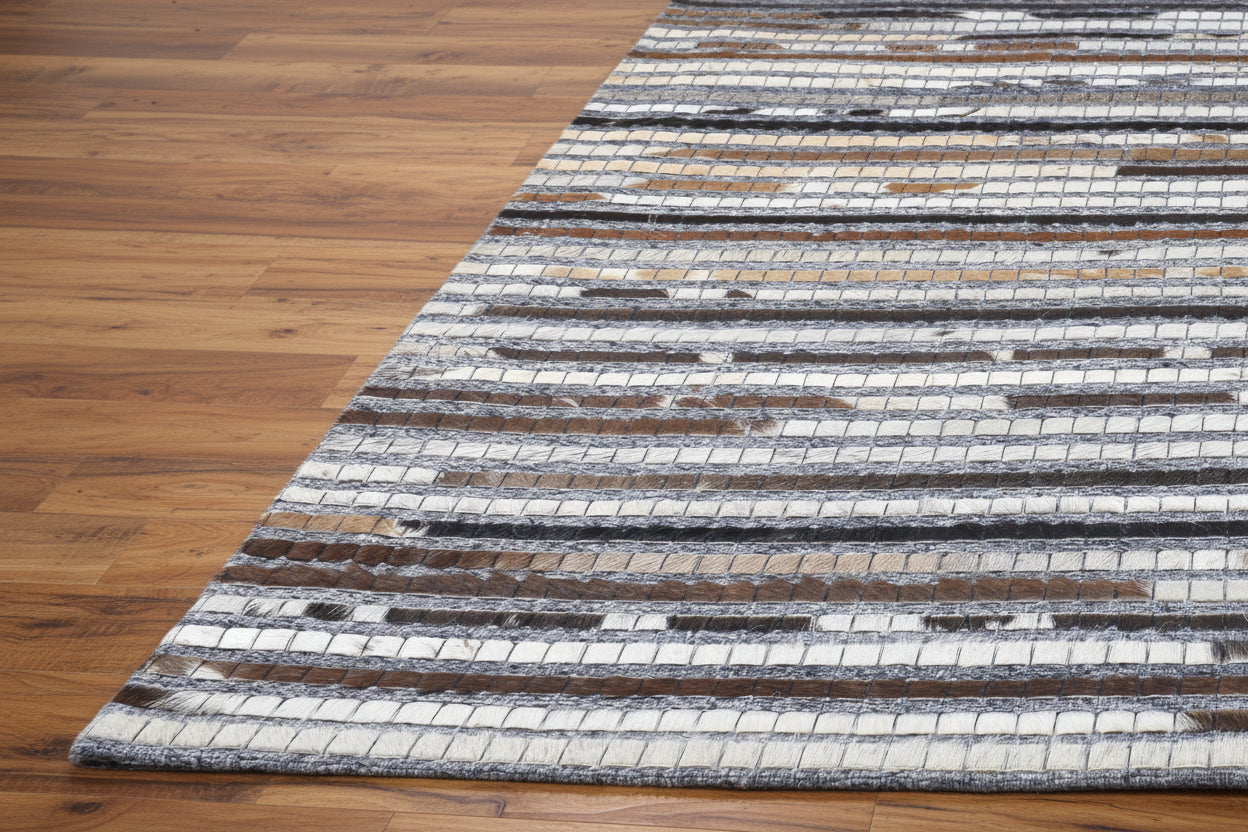 Linear Horizon Handmade Leather Brown Rug - Modern Patchwork Striped Cowhide Rug   9063830880405