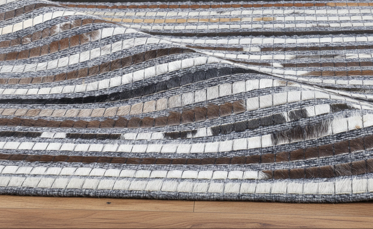 Linear Horizon Handmade Leather Brown Rug - Modern Patchwork Striped Cowhide Rug   9063830880405