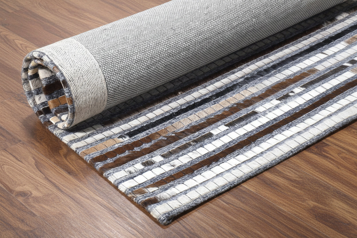 Linear Horizon Handmade Leather Brown Rug - Modern Patchwork Striped Cowhide Rug   9063830880405