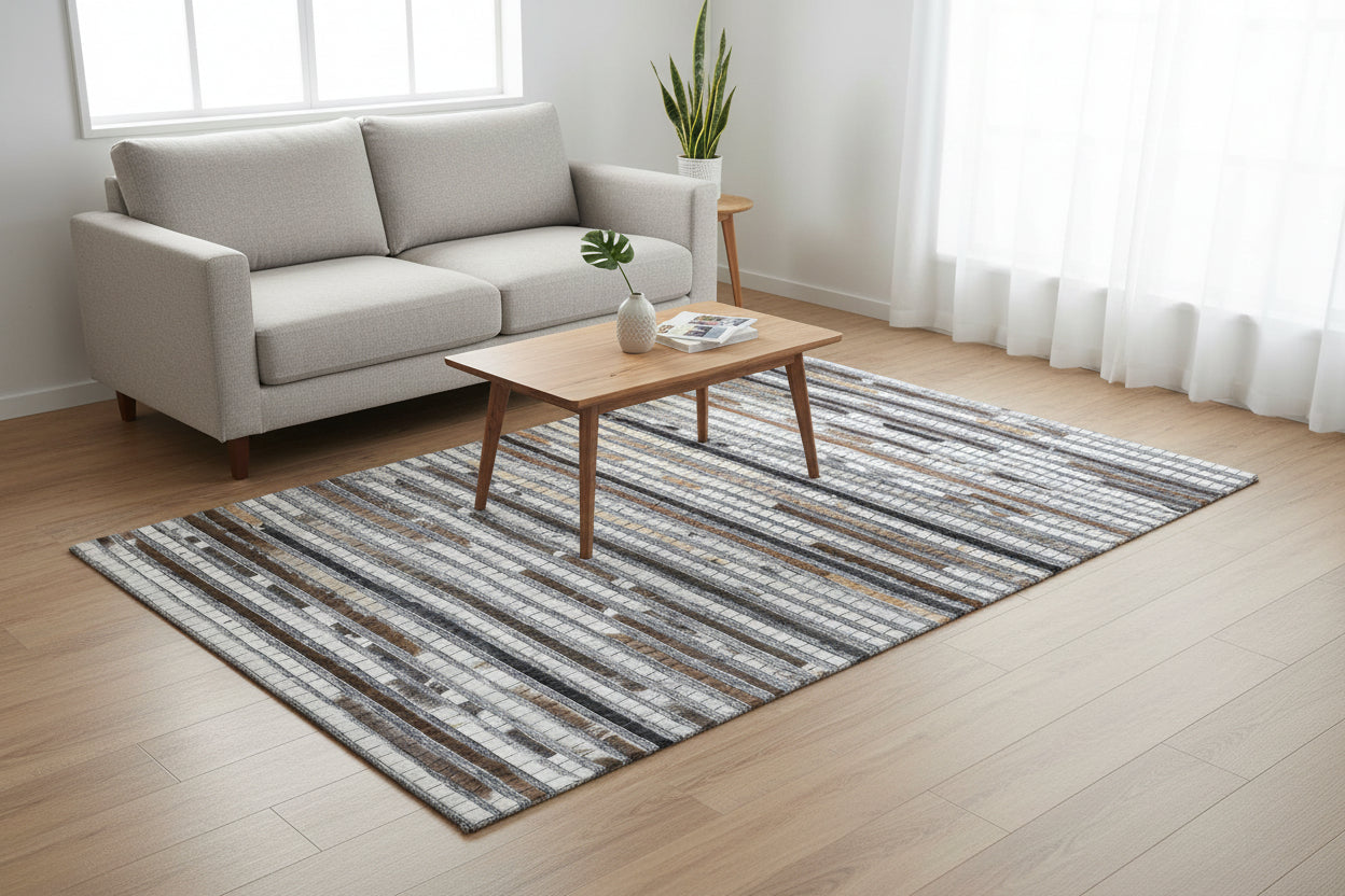 Linear Horizon Handmade Leather Brown Rug - Modern Patchwork Striped Cowhide Rug   9063830880405