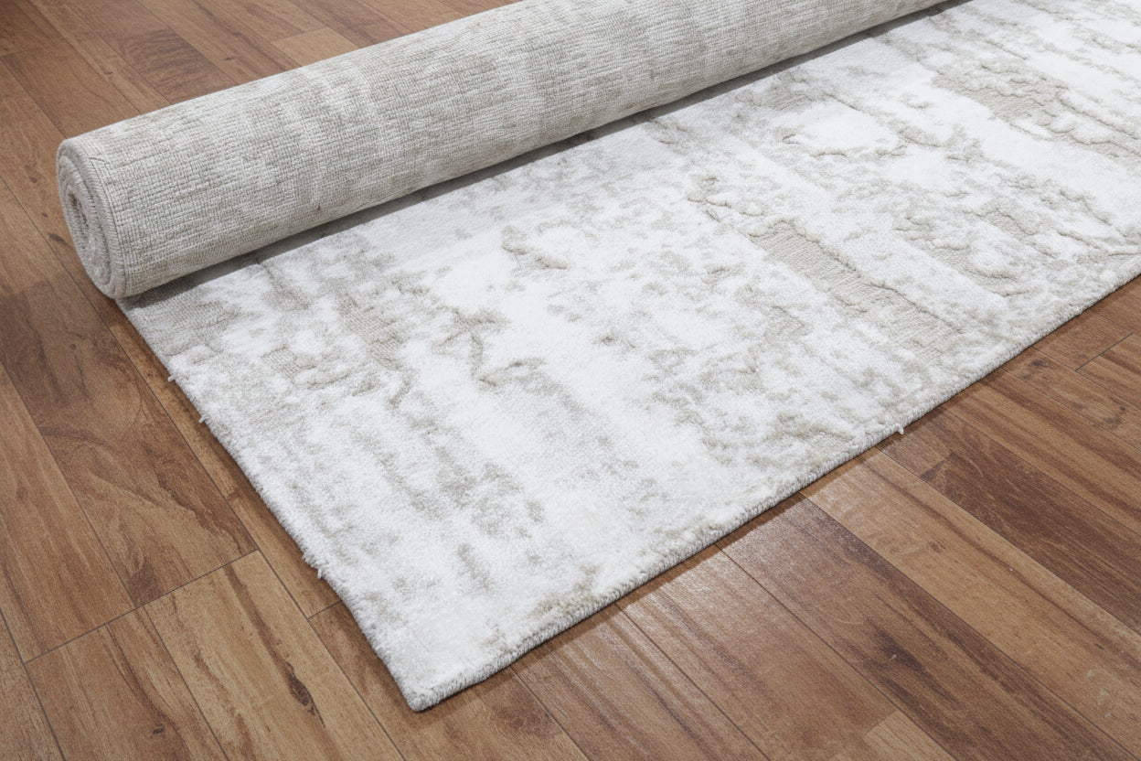 Linear Striation Handmade Loom Knotted Silk Like Lusture Rug - Ivory & Champagne Luxury Abstract Area Rug   9175514251413