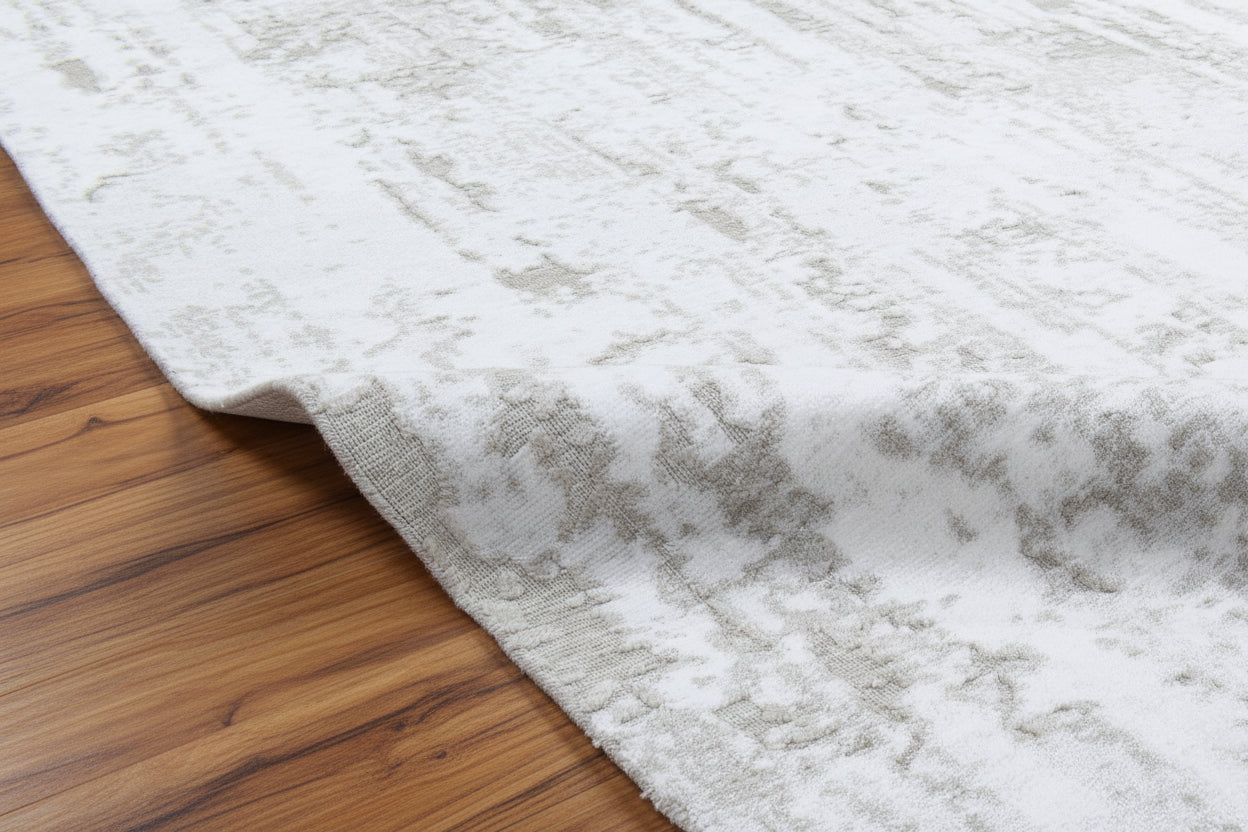 Linear Striation Handmade Loom Knotted Silk Like Lusture Rug - Ivory & Champagne Luxury Abstract Area Rug   9175514251413
