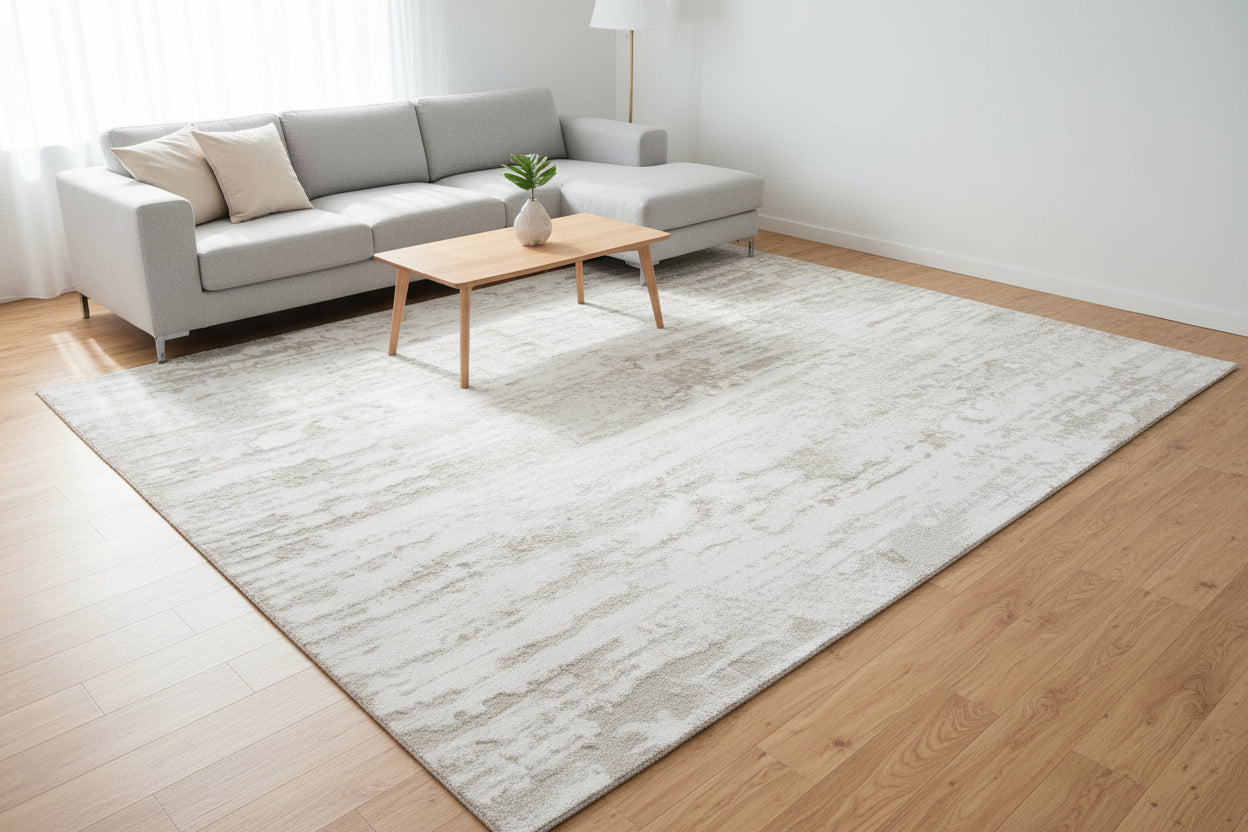 Linear Striation Handmade Loom Knotted Silk Like Lusture Rug - Ivory & Champagne Luxury Abstract Area Rug   9175514251413