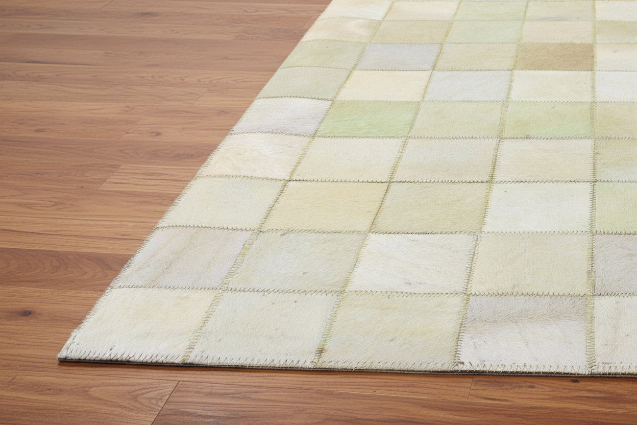 Lorry Checkerboard Handmade Off White Ivory Leather Rug | Patchwork Cowhide Area Rug   7864580636821