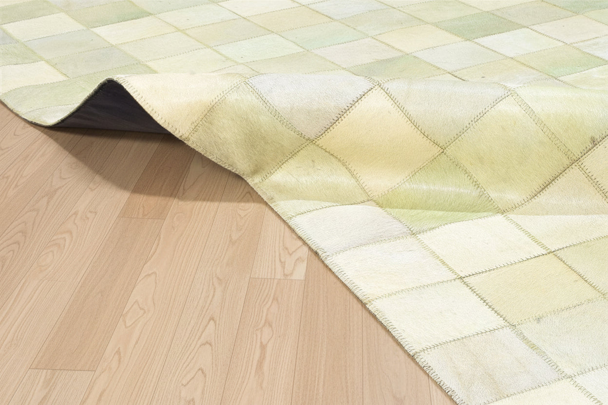 Lorry Checkerboard Handmade Off White Ivory Leather Rug | Patchwork Cowhide Area Rug   7864580636821