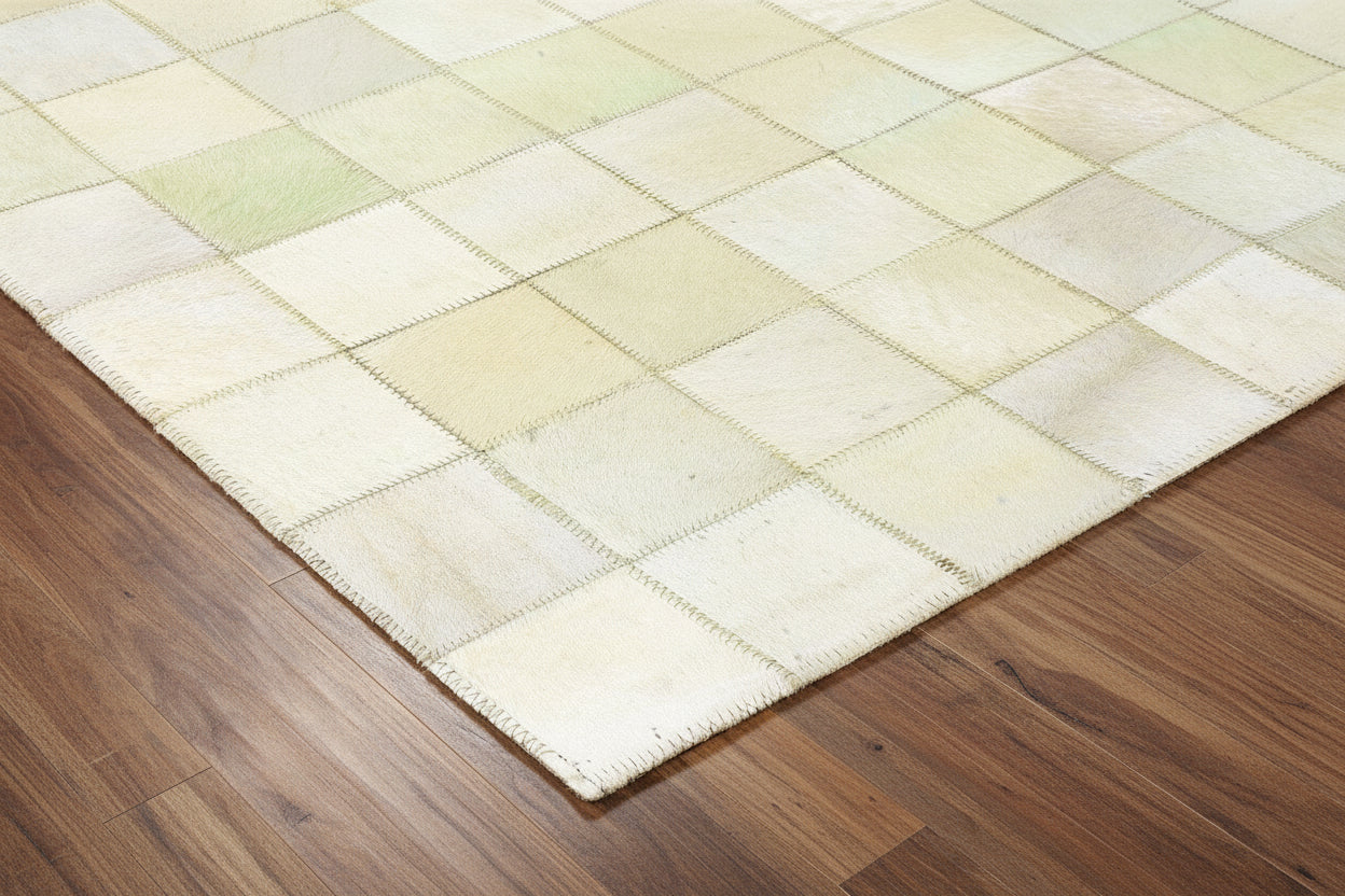 Lorry Checkerboard Handmade Off White Ivory Leather Rug | Patchwork Cowhide Area Rug   7864580636821