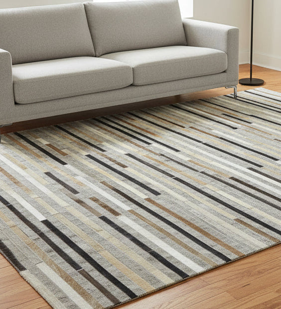 Marisa Handmade Leather Gray Striped Rug | Modern Patchwork Cowhide Rug   9061004181653