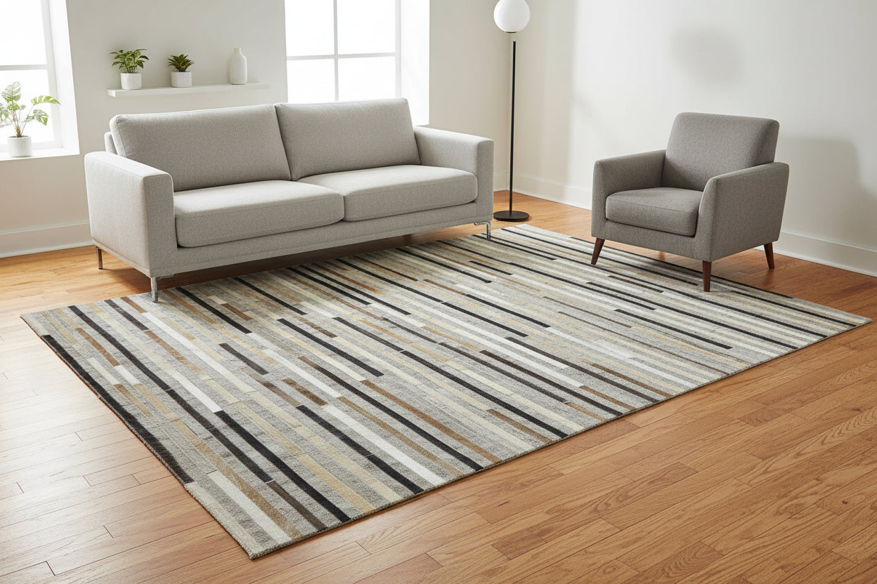 Marisa Handmade Leather Gray Striped Rug | Modern Patchwork Cowhide Rug   9061004181653
