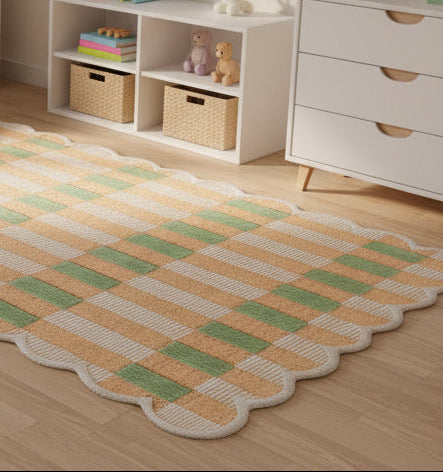 Matilda Green Scalloped Handmade Rust Plaid Rug – Modern Checkered Area Rug   9081810518165