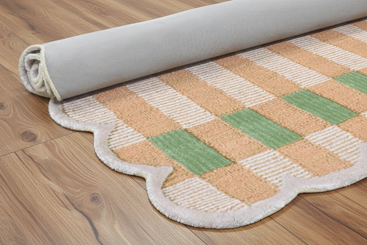 Matilda Green Scalloped Handmade Rust Plaid Rug – Modern Checkered Area Rug   9081810518165