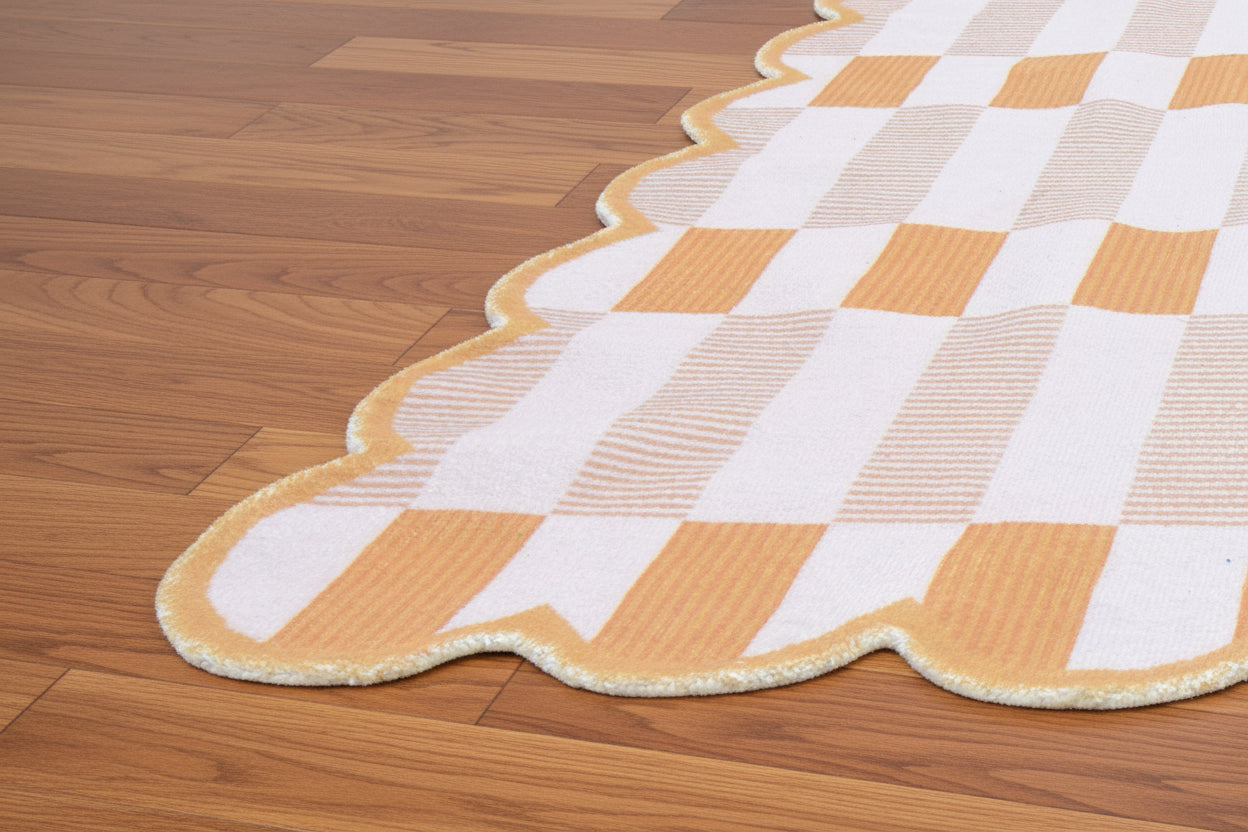 Matilda Neutral Scalloped Orange Handmade Plaid Rug – Modern Checkered Area Rug   9126506496149