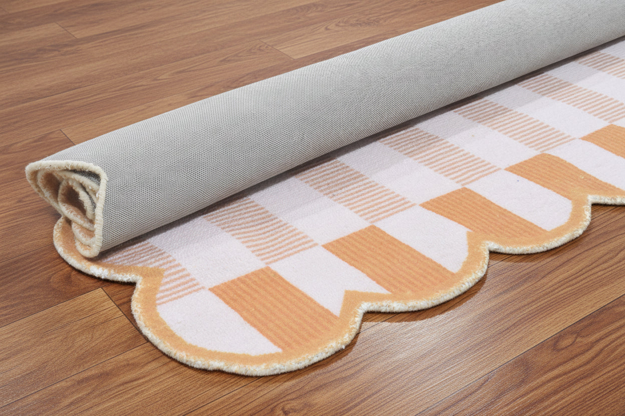 Matilda Neutral Scalloped Orange Handmade Plaid Rug – Modern Checkered Area Rug   9126506496149