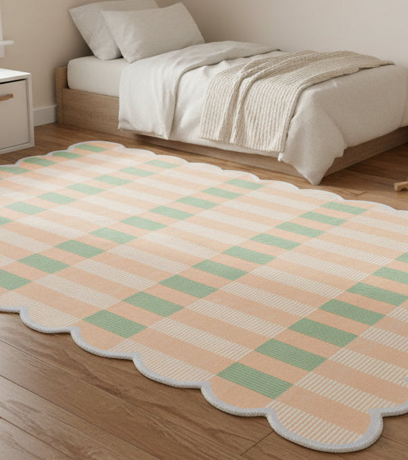 Matilda Plum Scalloped Edge Handmade Tan Plaid Rug – Modern Checkered Area Rug   9126789021845