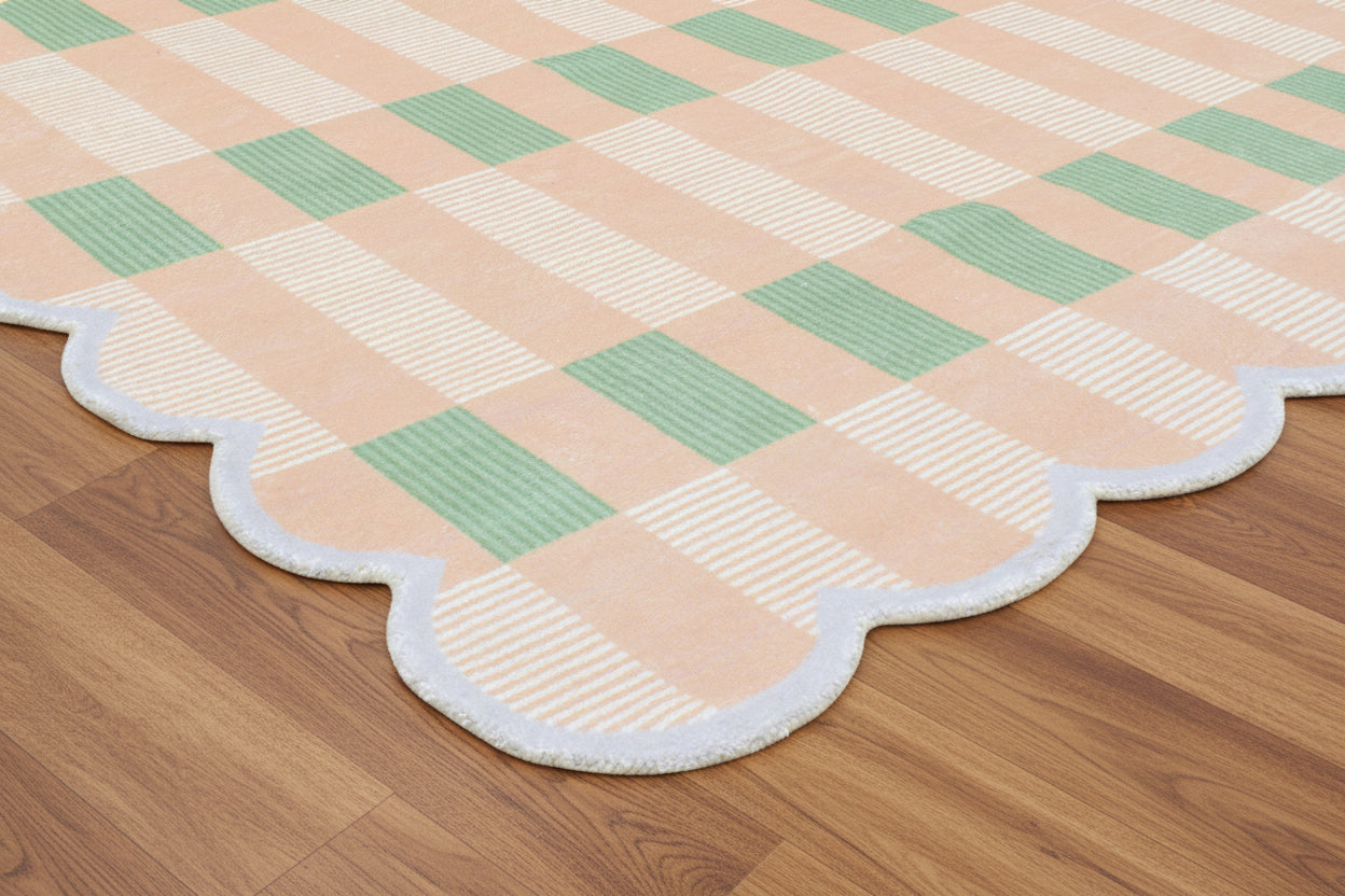 Matilda Plum Scalloped Edge Handmade Tan Plaid Rug – Modern Checkered Area Rug   9126789021845