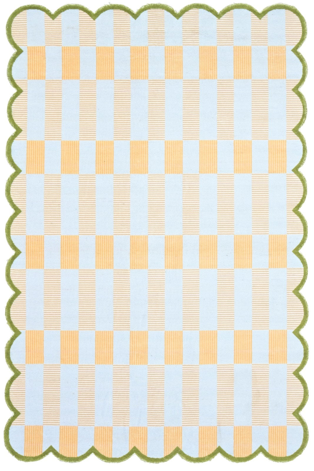 Matilda Scalloped Edge Handmade Ivory & Yellow Plaid Rug – Modern Checkered Area Rug   9126191333525