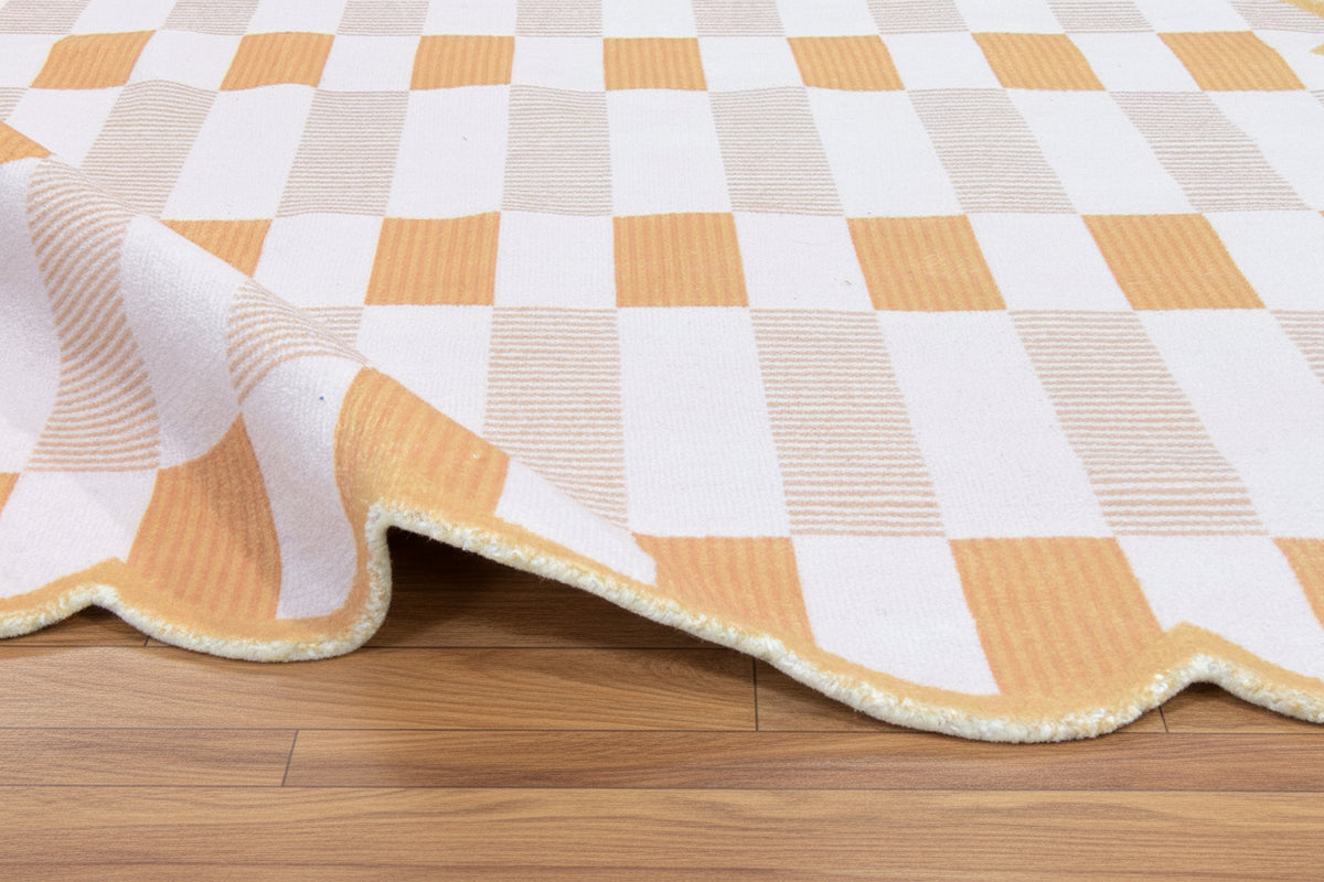 Matilda Scalloped Edge Handmade Orange & Ivory Plaid Rug – Modern Checkered Area Rug   9126506496149