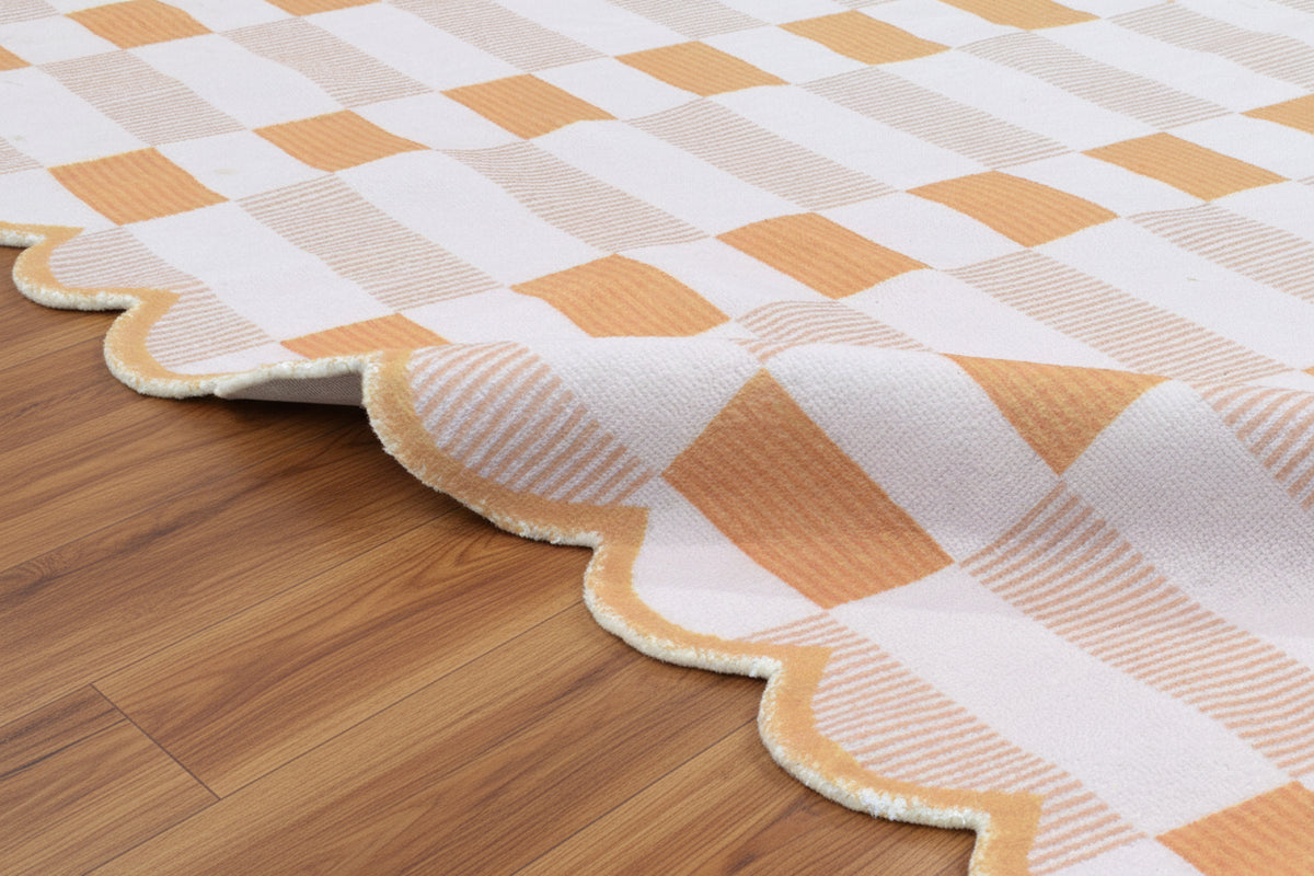 Matilda Scalloped Edge Handmade Orange & Ivory Plaid Rug – Modern Checkered Area Rug   9126506496149