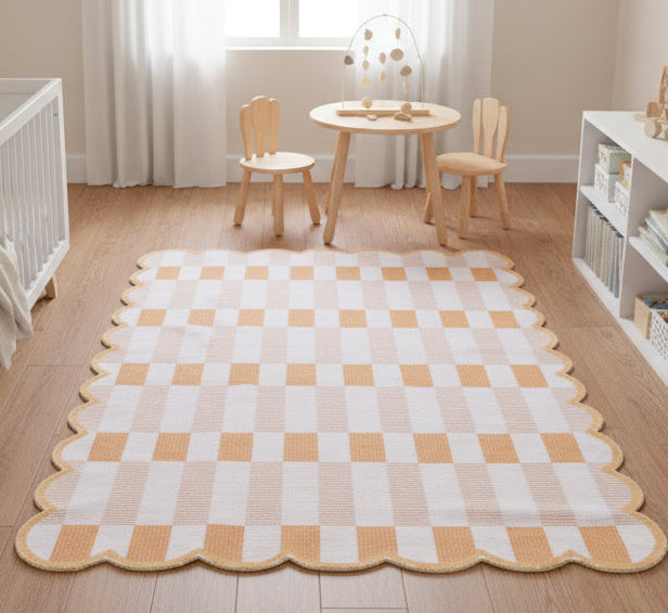 Matilda Scalloped Edge Handmade Orange & Ivory Plaid Rug – Modern Checkered Area Rug   9126506496149