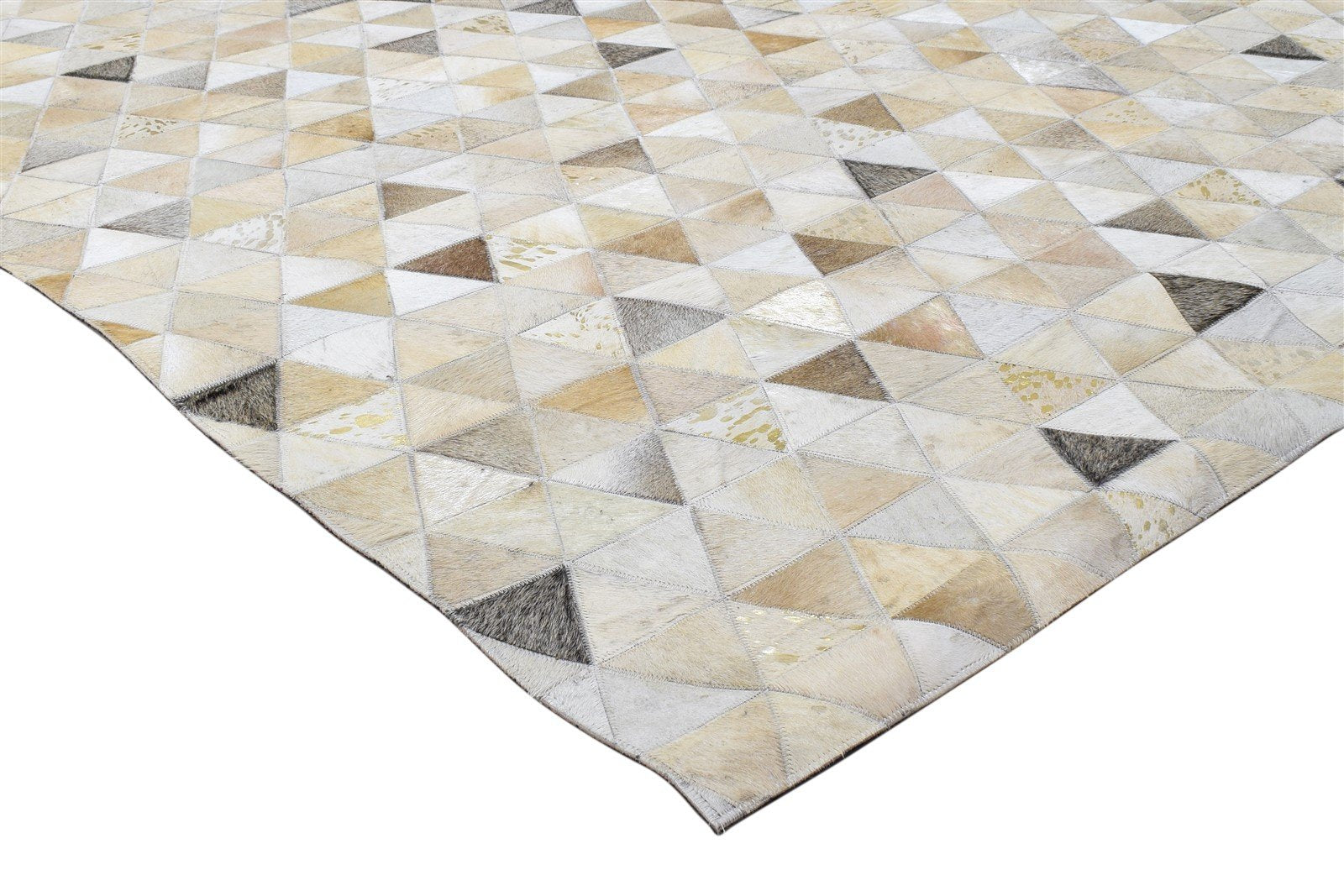 Melody Handmade Leather Beige Triangles Rug - Modern Patchwork Cowhide Area Rug   7864252203157