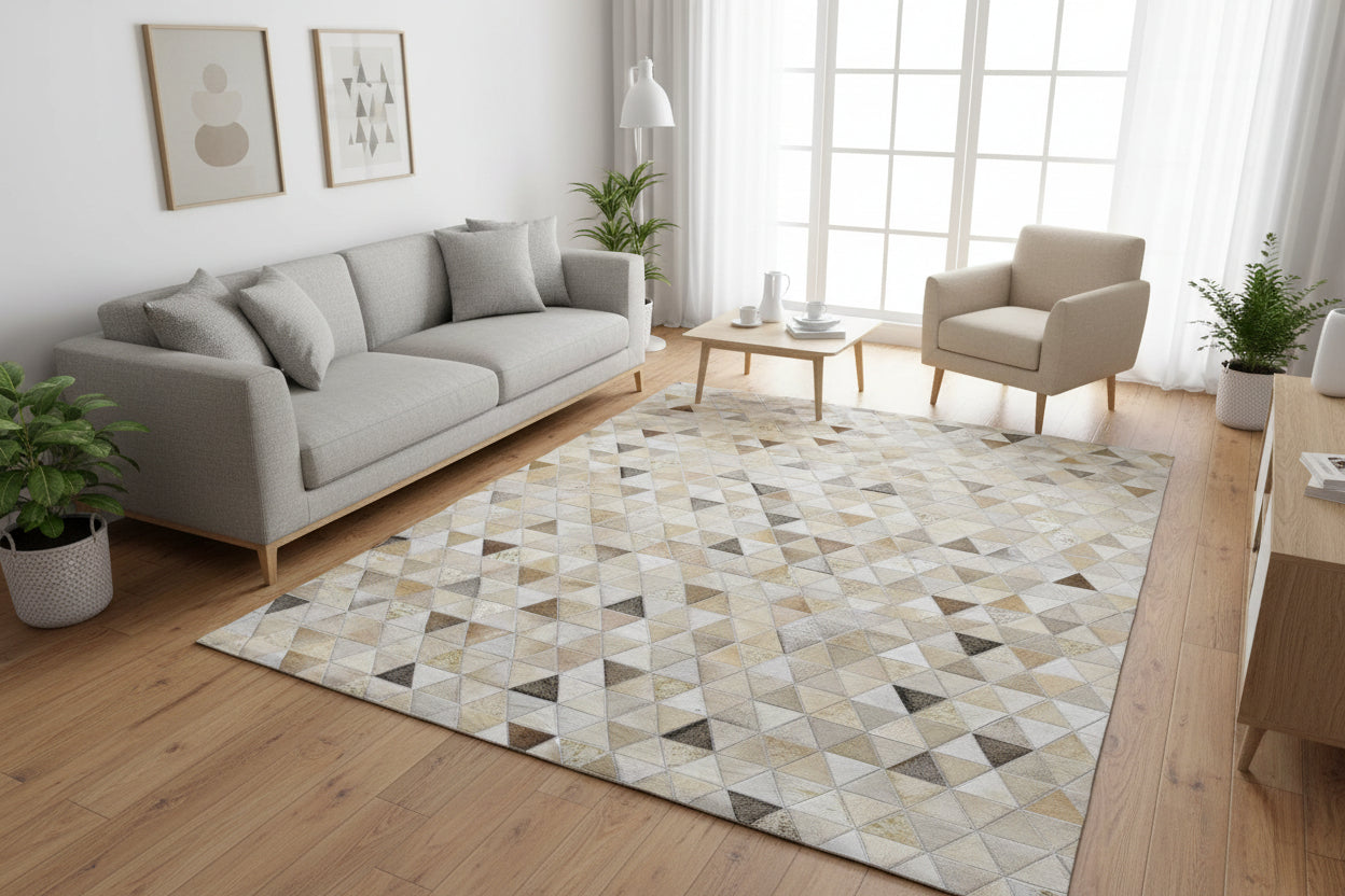 Melody Handmade Leather Beige Triangles Rug - Modern Patchwork Cowhide Area Rug   7864252203157