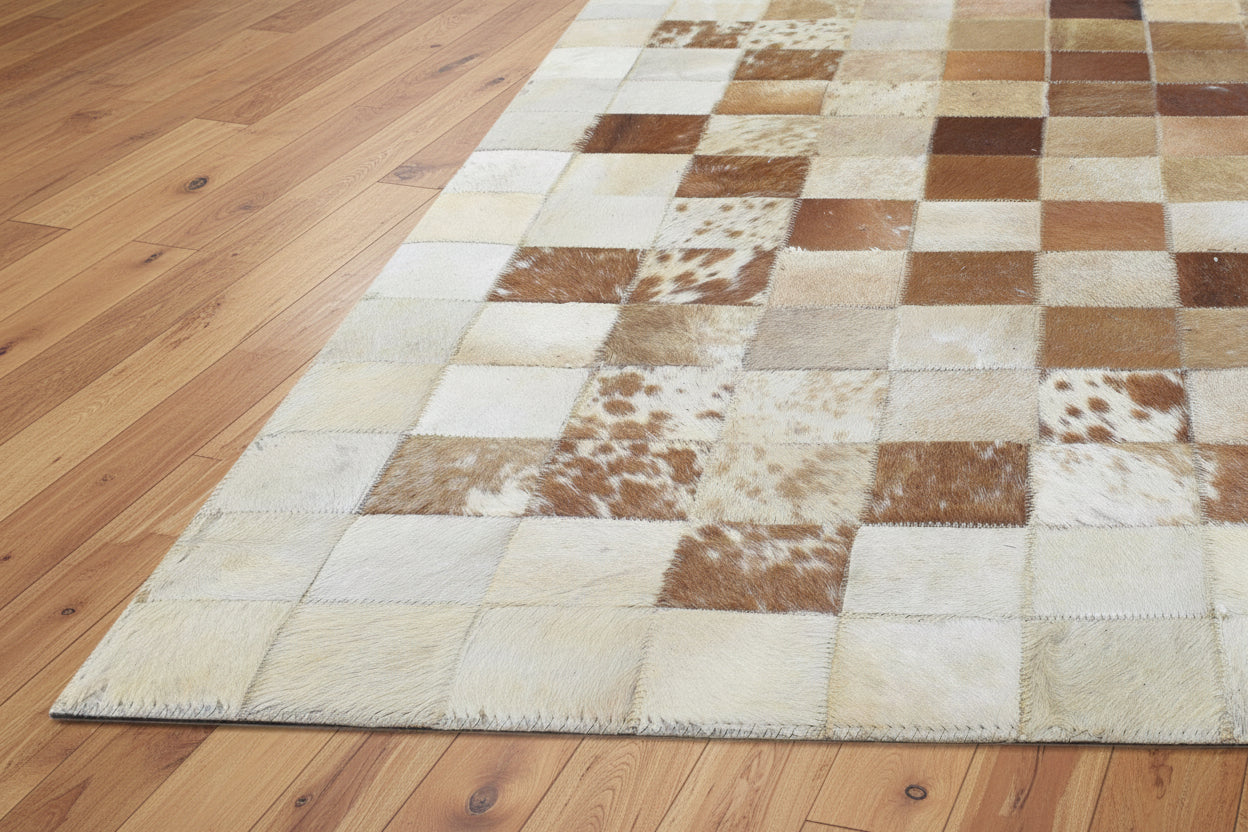 Melonie Handmade Leather Brown Checkerboard Rug | Patchwork Cowhide Area Rug   7864580833429