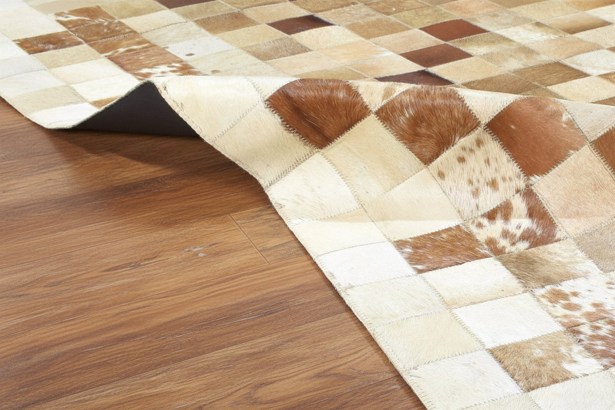 Melonie Handmade Leather Brown Checkerboard Rug | Patchwork Cowhide Area Rug   7864580833429