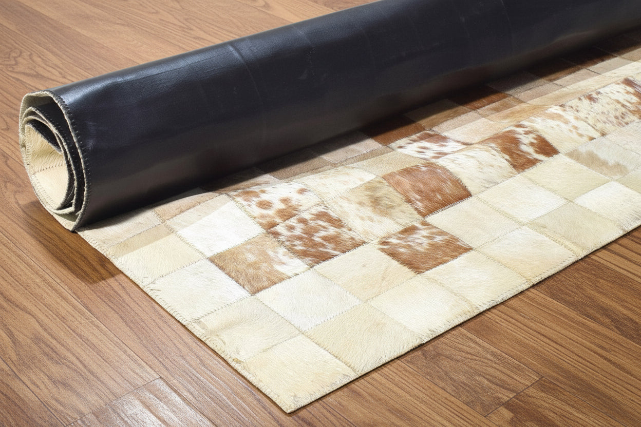 Melonie Handmade Leather Brown Checkerboard Rug | Patchwork Cowhide Area Rug   7864580833429