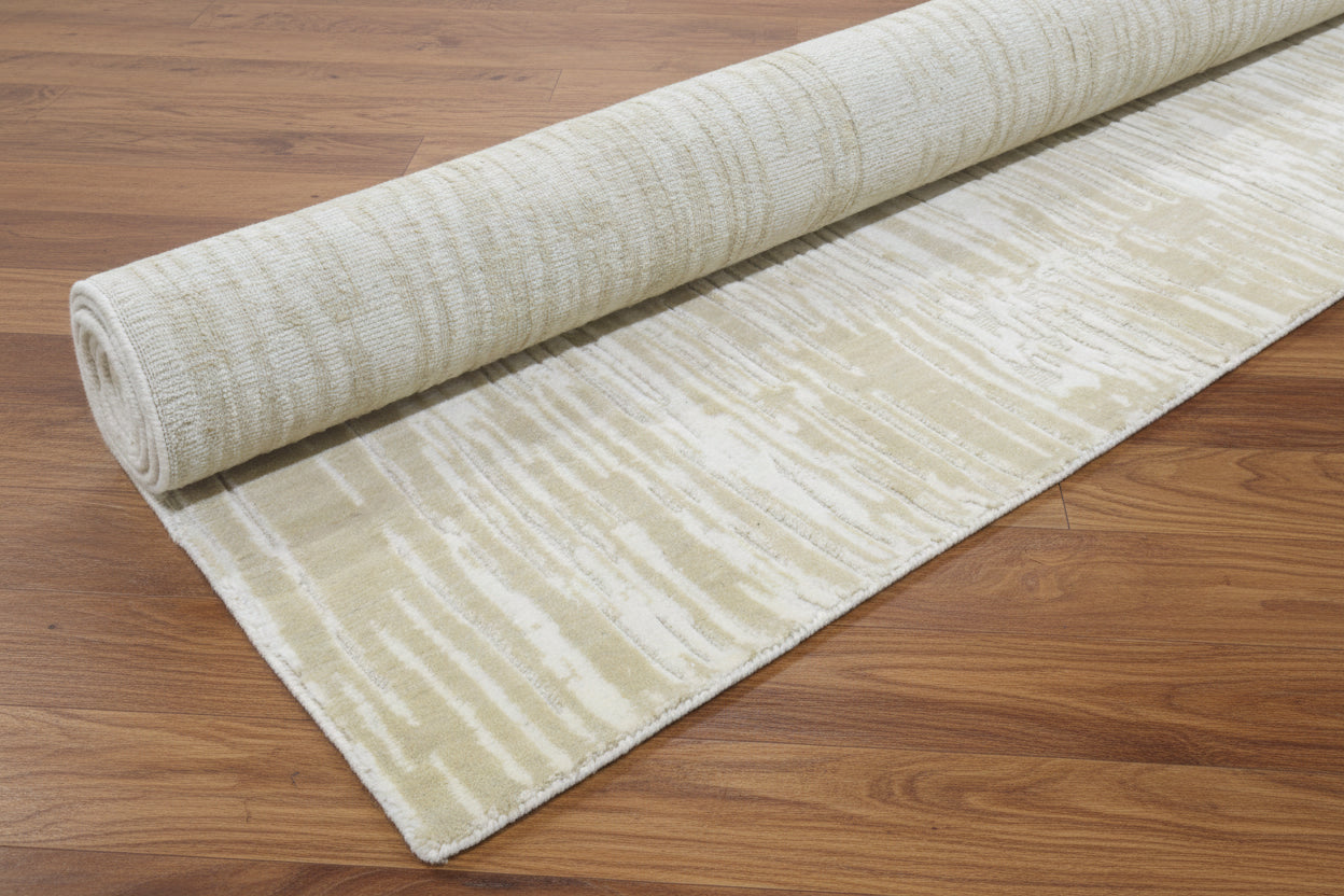 Meridian Drift Linear Cascade Abstract Hand Loom Knotted Rug – Handmade Sand & Ivory Rug   9176281743509