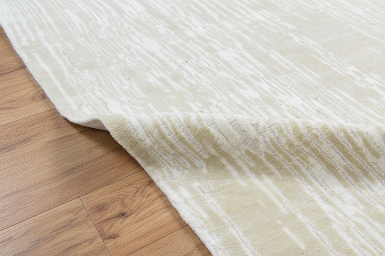 Meridian Drift Linear Cascade Abstract Hand Loom Knotted Rug – Handmade Sand & Ivory Rug   9176281743509