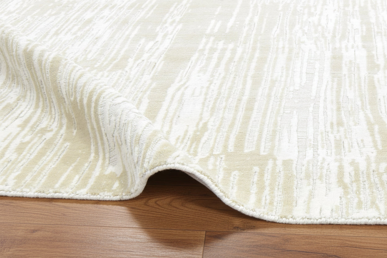 Meridian Drift Linear Cascade Abstract Hand Loom Knotted Rug – Handmade Sand & Ivory Rug   9176281743509