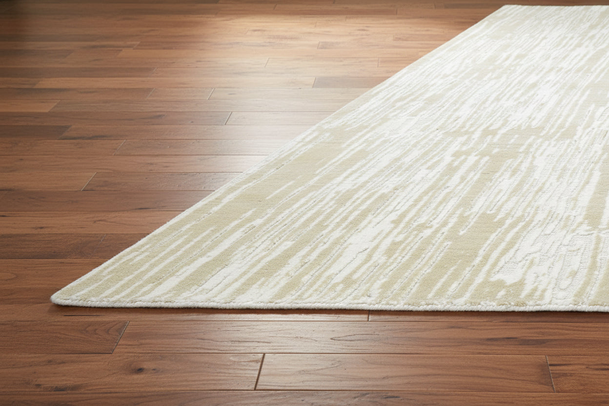 Meridian Drift Linear Cascade Abstract Hand Loom Knotted Rug – Handmade Sand & Ivory Rug   9176281743509