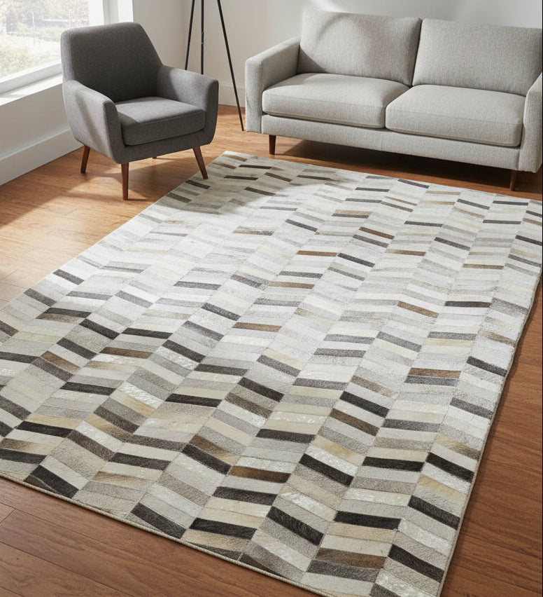 Metallic Chevron Handmade Leather Gray Rug - Modern Striped Patchwork Cowhide Rug   9063922303125