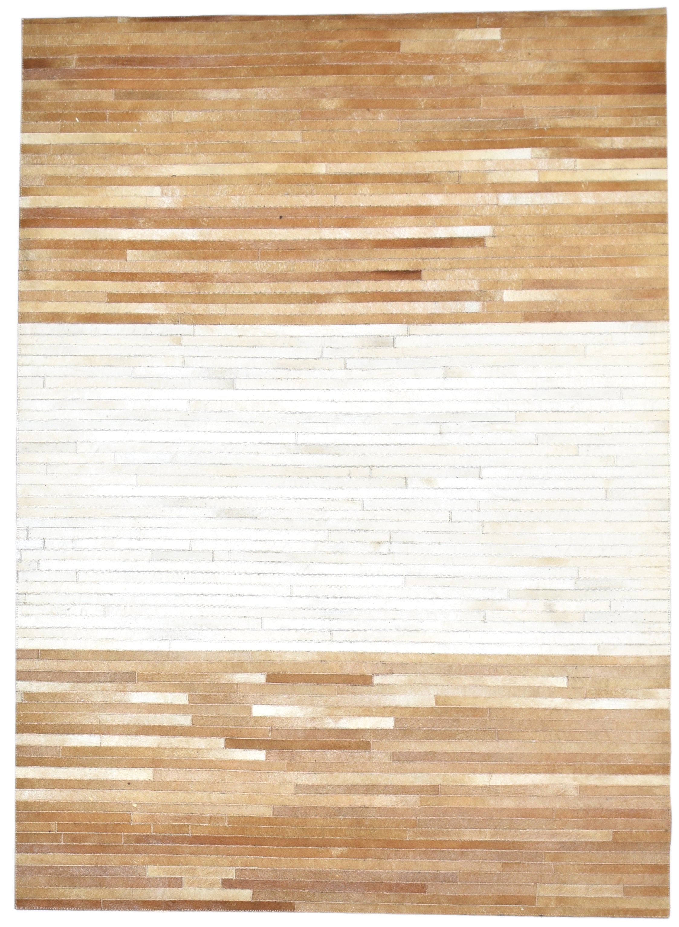 Modern Brown & Ivory Cowhide Leather Rug – Handmade Striped Patchwork Area Rug   9061012963477