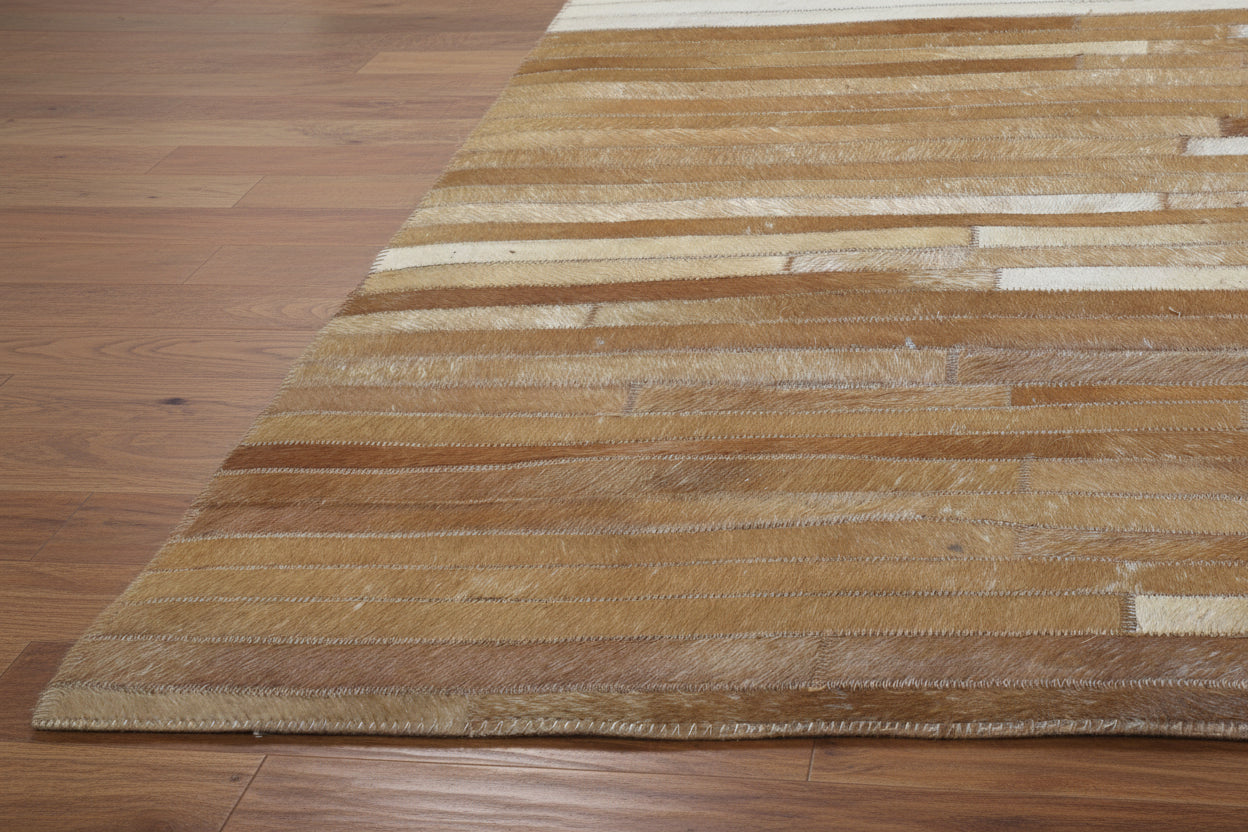 Modern Brown & Ivory Cowhide Leather Rug – Handmade Striped Patchwork Area Rug   9061012963477