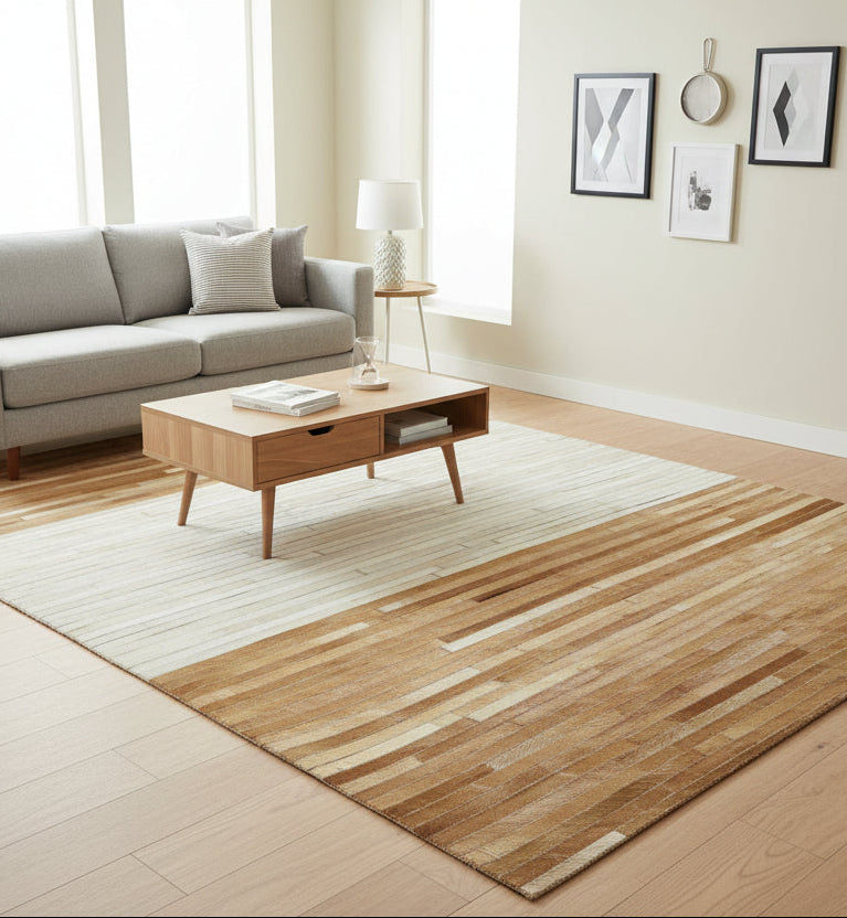 Modern Brown & Ivory Cowhide Leather Rug – Handmade Striped Patchwork Area Rug   9061012963477