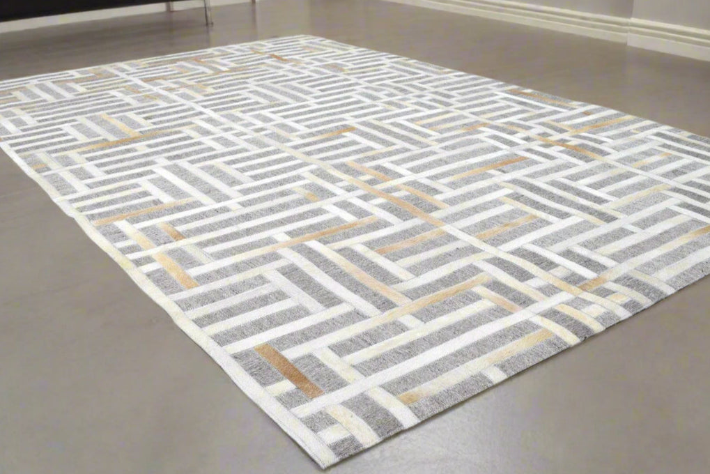 Modern Gray / Ivory Leather Rug, Cowhide Rug Large, Patchwork Rug, Area Rug Carpet   8620216090773