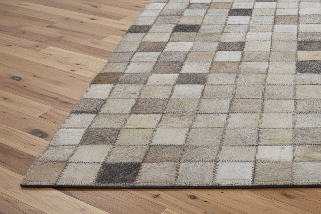Mosaic Ivory & Gray Handmade Leather Rug - Modern Hand-Stitched Cowhide Patchwork Rug   9062070648981