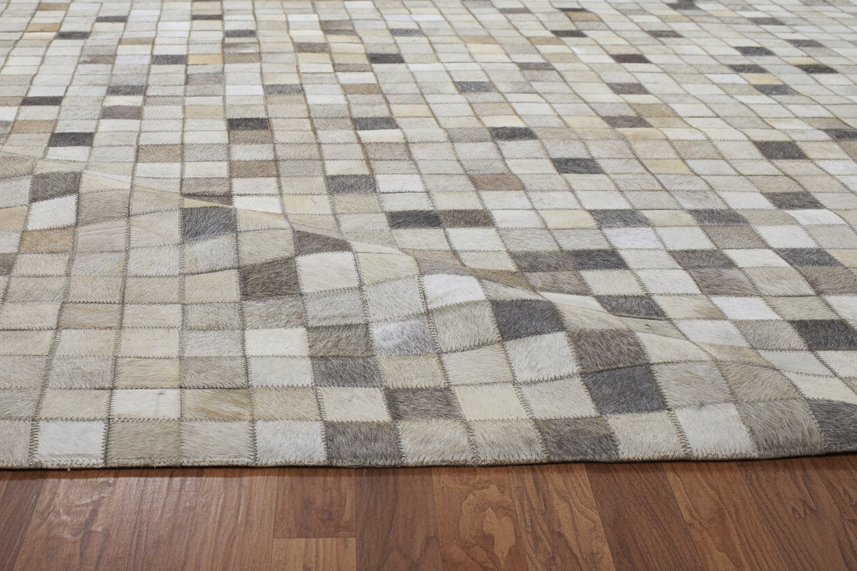 Mosaic Ivory & Gray Handmade Leather Rug - Modern Hand-Stitched Cowhide Patchwork Rug   9062070648981