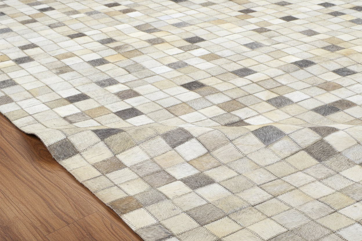 Mosaic Ivory & Gray Handmade Leather Rug - Modern Hand-Stitched Cowhide Patchwork Rug   9062070648981