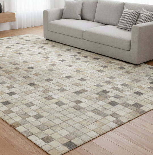 Mosaic Ivory & Gray Handmade Leather Rug - Modern Hand-Stitched Cowhide Patchwork Rug   9062070648981