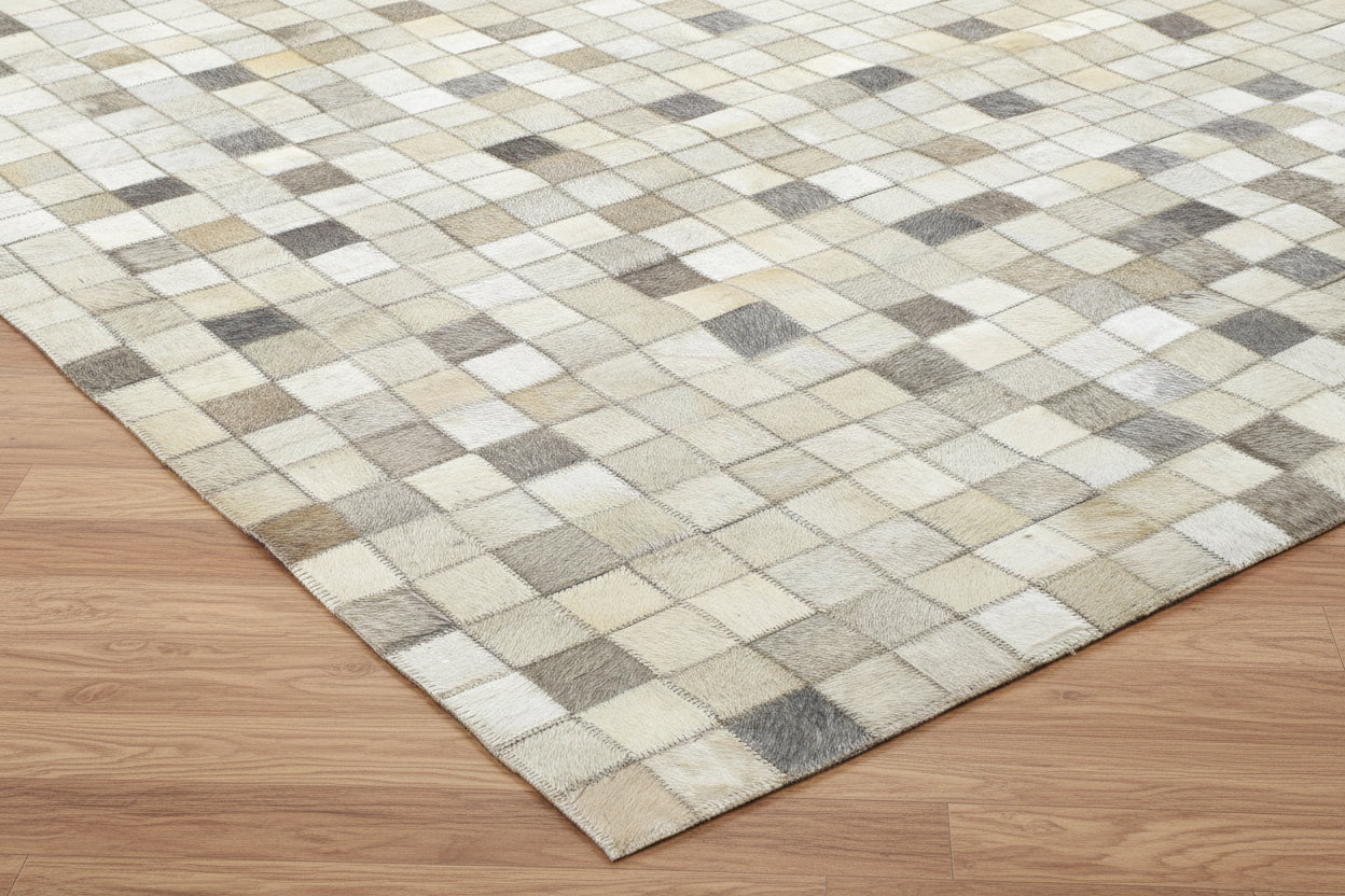 Mosaic Ivory & Gray Handmade Leather Rug - Modern Hand-Stitched Cowhide Patchwork Rug   9062070648981