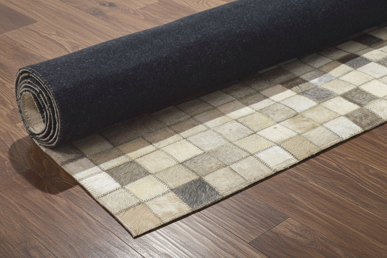 Mosaic Ivory & Gray Handmade Leather Rug - Modern Hand-Stitched Cowhide Patchwork Rug   9062070648981