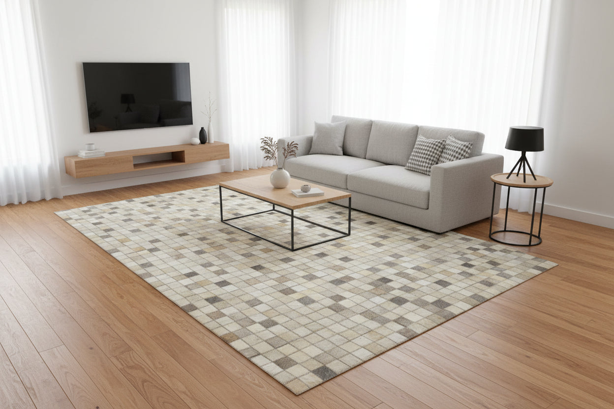 Mosaic Ivory & Gray Handmade Leather Rug - Modern Hand-Stitched Cowhide Patchwork Rug   9062070648981