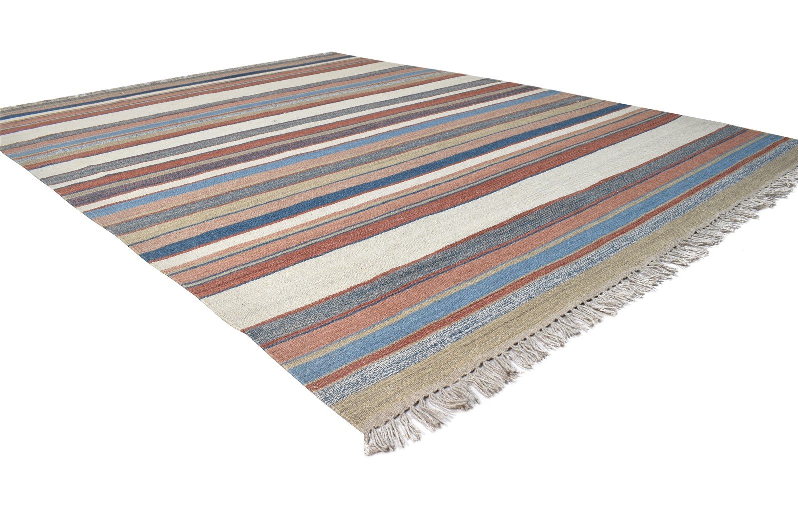 Multi Color Wool Rug 7' X 9' Modern Dhurrie Scandinavian Striped Large Carpet   7865077399701