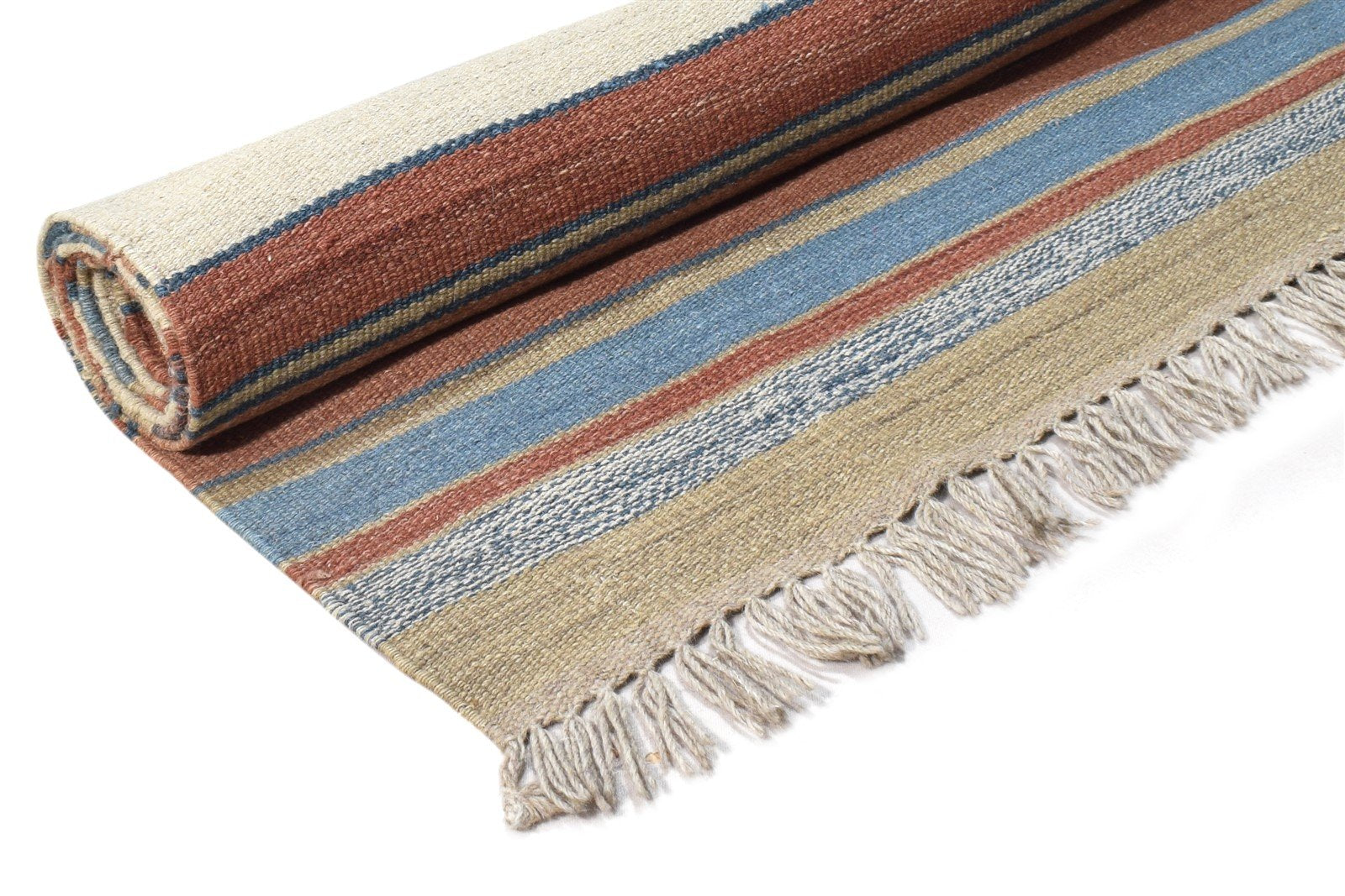 Multi Color Wool Rug 7' X 9' Modern Dhurrie Scandinavian Striped Large Carpet   7865077399701
